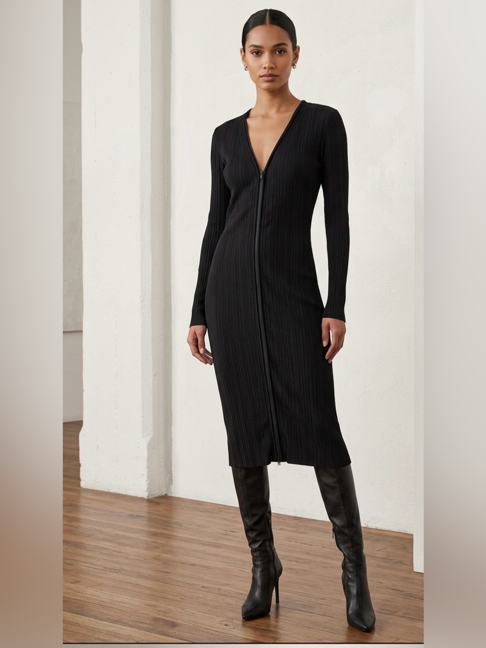 Modern Citizen Ribbed Full Zip Long Sleeve Black Dress M